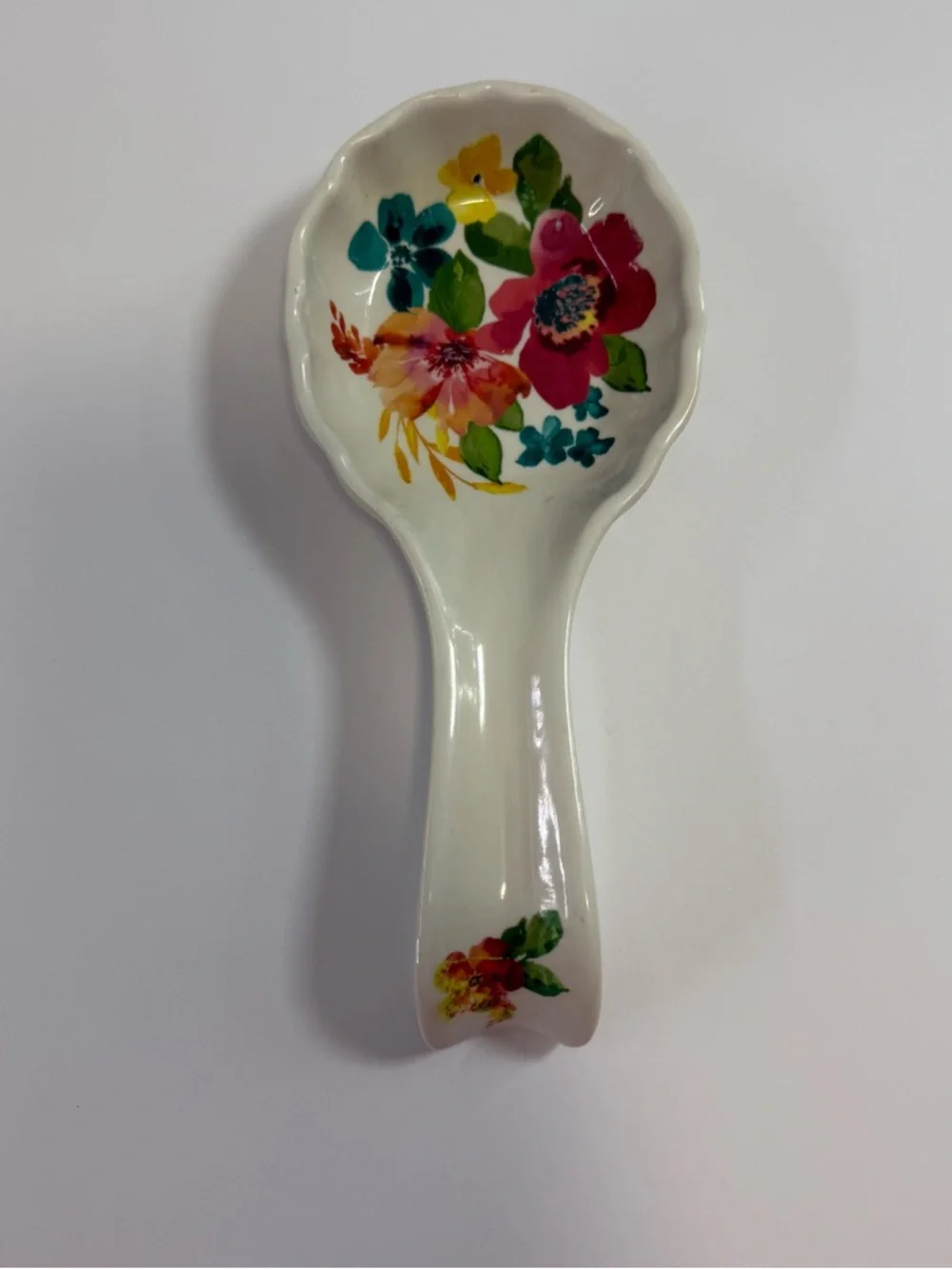 The Pioneer Woman White Ceramic Spoon Rest with Multicolor Floral Accents